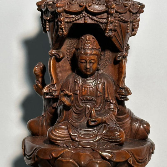 Vintage Wooden Decor Boxwood Carving Three Sides Buddha Statue Wood Sculpture