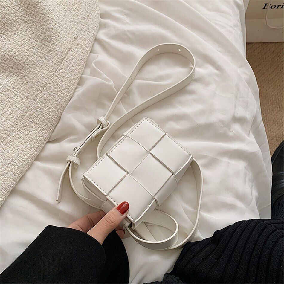 Mini Ladies Square Weave Bag PU Leather Shoulder Crossbody Bags Women Handbags