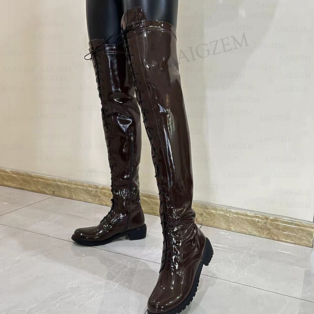 Women Over Knee Boots Round Toe Wide 5CM Mid Heels Boots Side Zip Shoes Woman