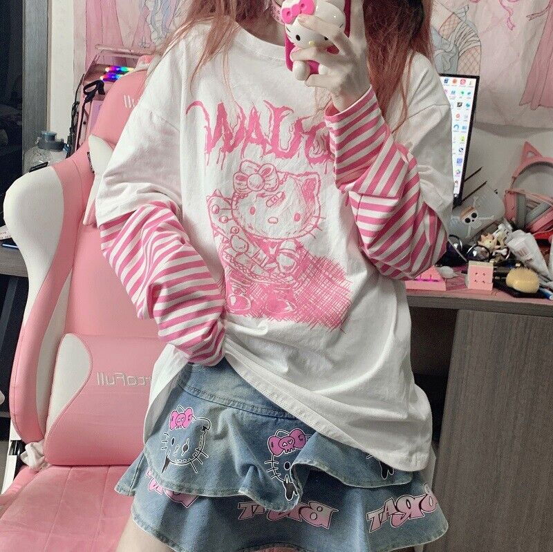 Japanese sweet loose Kawaii cute Hello Kitty blouse long-sleeved T-shirt women