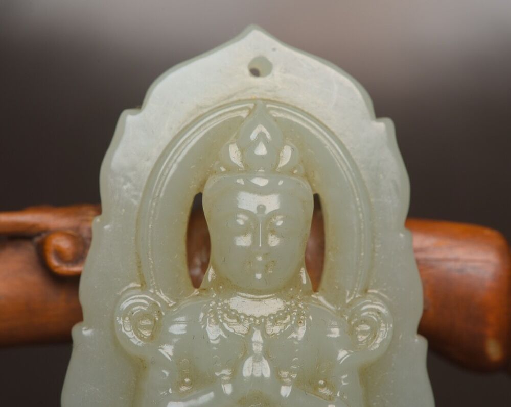 Chinese Natural Hetian Jade Carving Kwan Yin Statue Lucky Jade Pendant Amulets