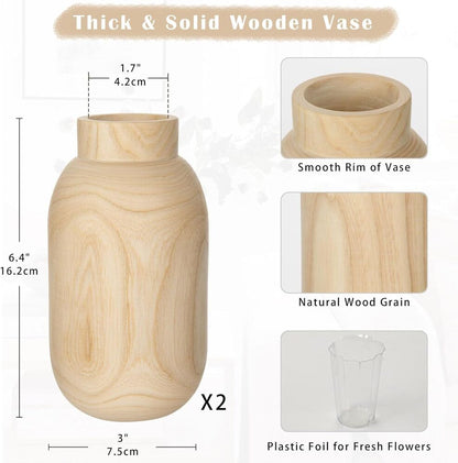 Handmade Wooden Flower Vase Decoration Arrangement Home Office Gift Set of 2