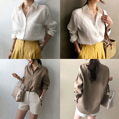 Womens V Neck Solid Linen Shirt Blouse Ladies Long Sleeve Casual Baggy Tops Tee