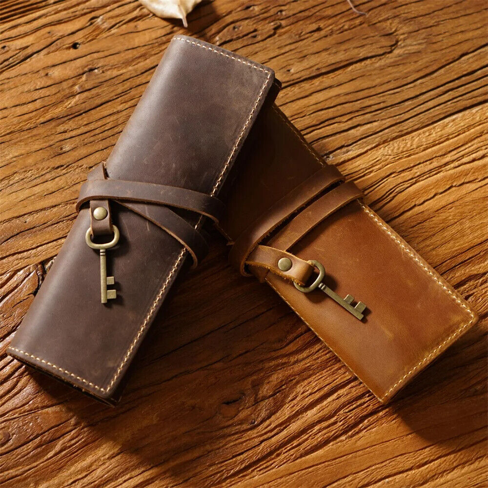 Pencil Case Genuine Leather Tie Rope W/Key Pen School Storage Bag Holder 20x18cm