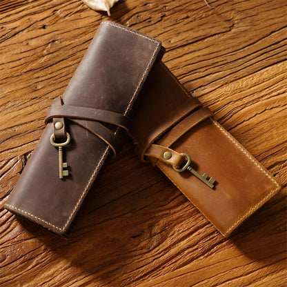 Pencil Case Genuine Leather Tie Rope W/Key Pen School Storage Bag Holder 20x18cm