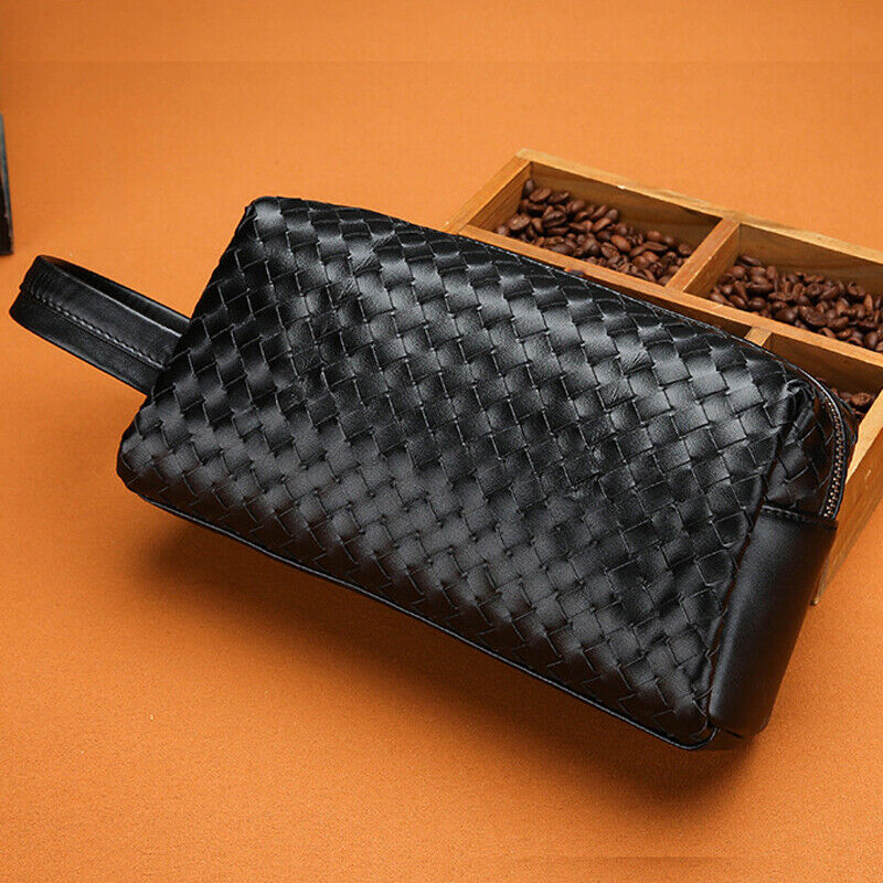Men's Black Weaving Bag Microfiber Leather Large Capacity Handbag 5" Clutch Bag