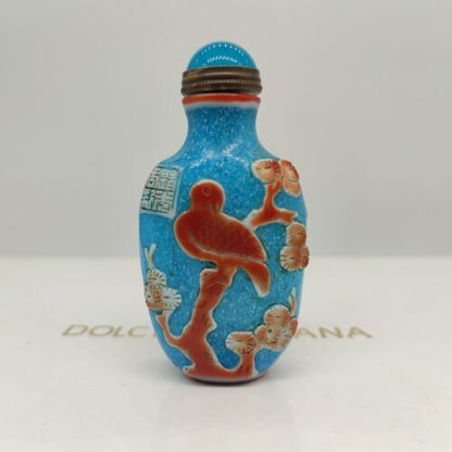 vintage chinese peking glass snuff bottle red carved bird collection snuffbox