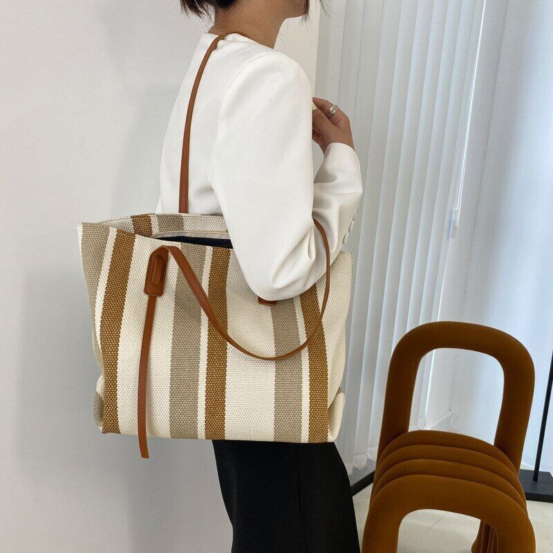 Canvas Women Shopping Shoulder Bags Stripes Handbags Female Bucket Tote Bag