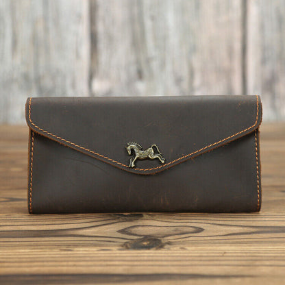 Crazy Horse Leather Men's Envelope Wallets Retro Flip Long Clutch Bag Phone Bags