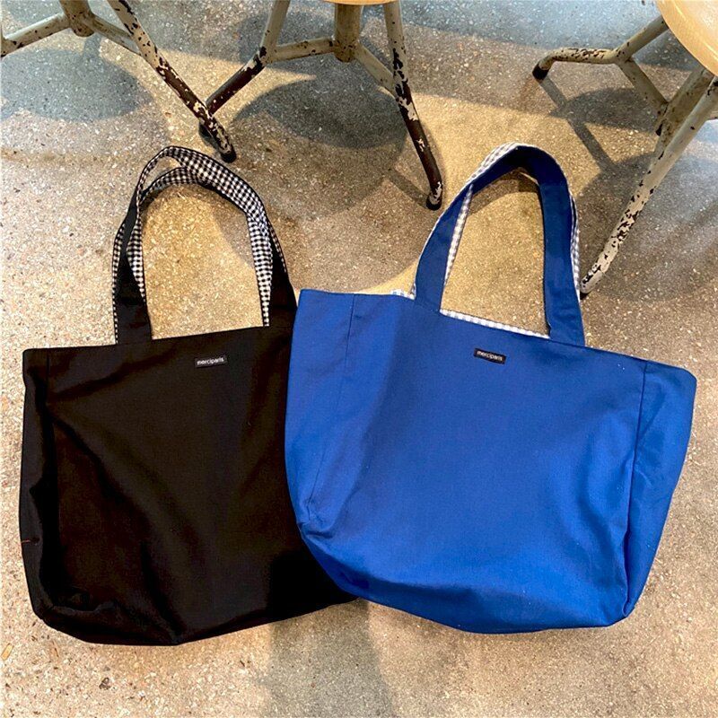 Canvas Bag Women Shoulder Bag Handbag Solid Plaid Shopper Large Double Side Bags