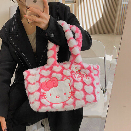 Women Plush Handbag Pink Hello Kitty Shoulder Bag Students Tote Bag Shopping