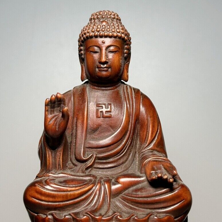 Vintage Chinese Wood Carving Buddha Statue Prayer Buddhist Boxwood Sculpture Art