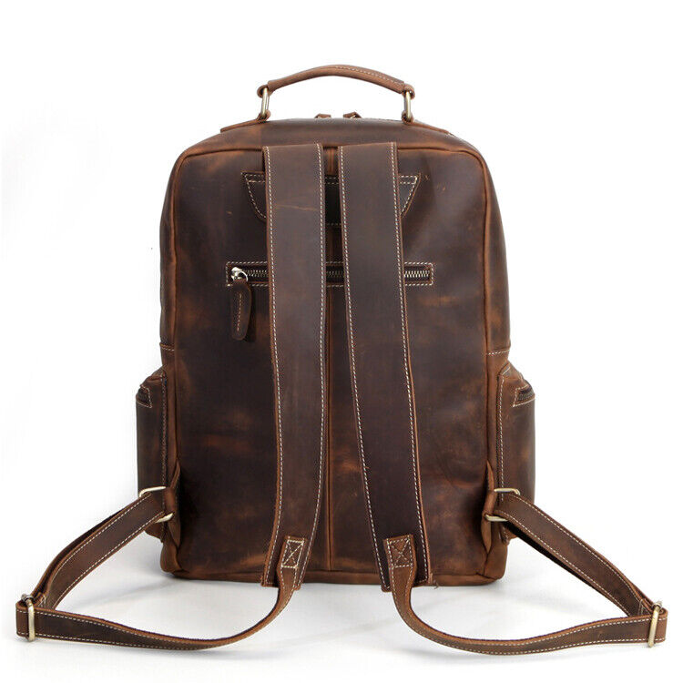 100%Crazy Horse Leather Men's Retro Backpack, Travel Rucksack Daypack School Bag
