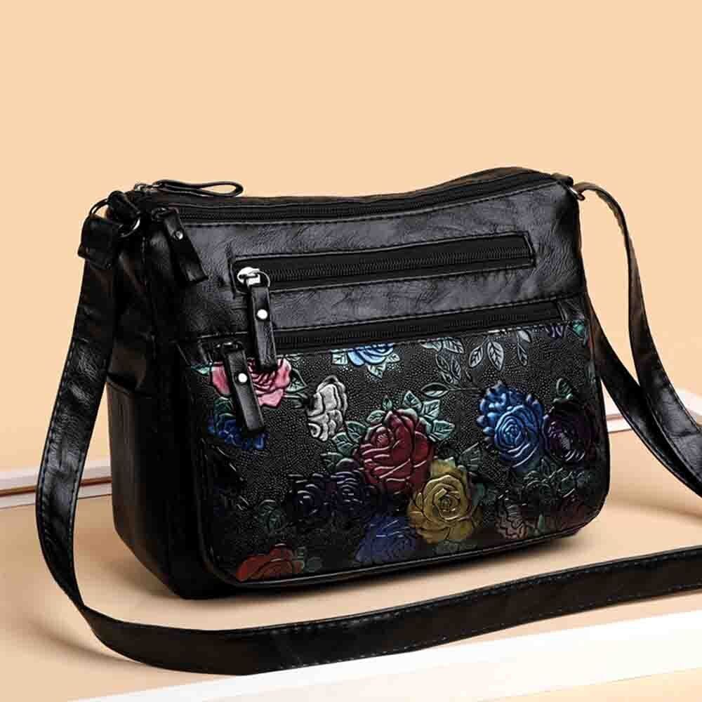 Soft Leather Messenger Shoulder Handbag Purse Flowers Multi-pocket Crossbody 1PC