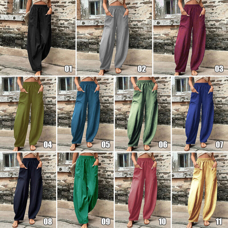 Women Summer Ice Silk Pocket Wide Leg Baggy Pants Elastic High Waist Trousers