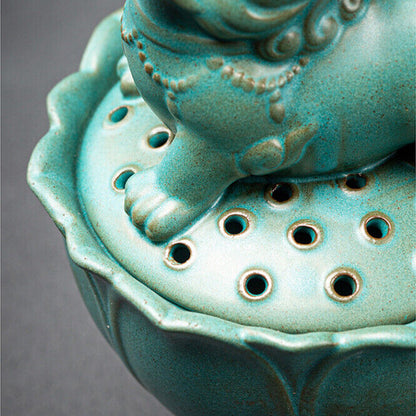 Foo Dog Fyi Statue Lotus Carved Incence Burner Porcelain Decoration Zen Style