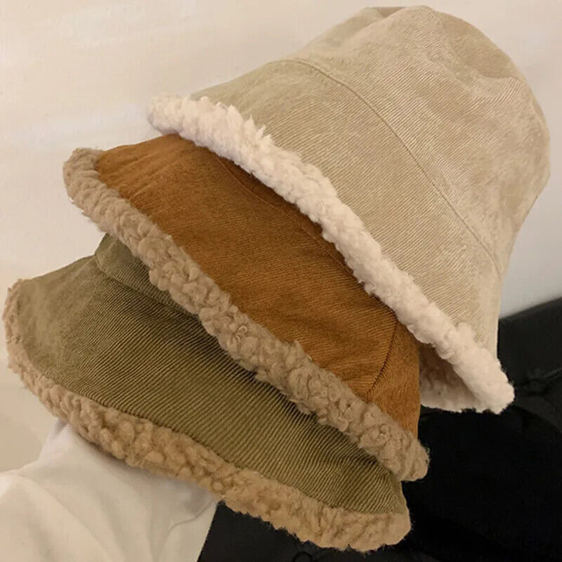 Women Winter Bucket Hat Warming Panama Cap Lady Fluffy Corduroy Double-Side Wear