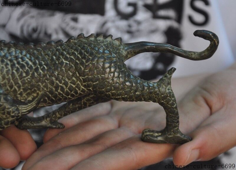 China Old Bronze Feng Shui Auspicious Dragon Loong Dragons Zodiac Animal Statue