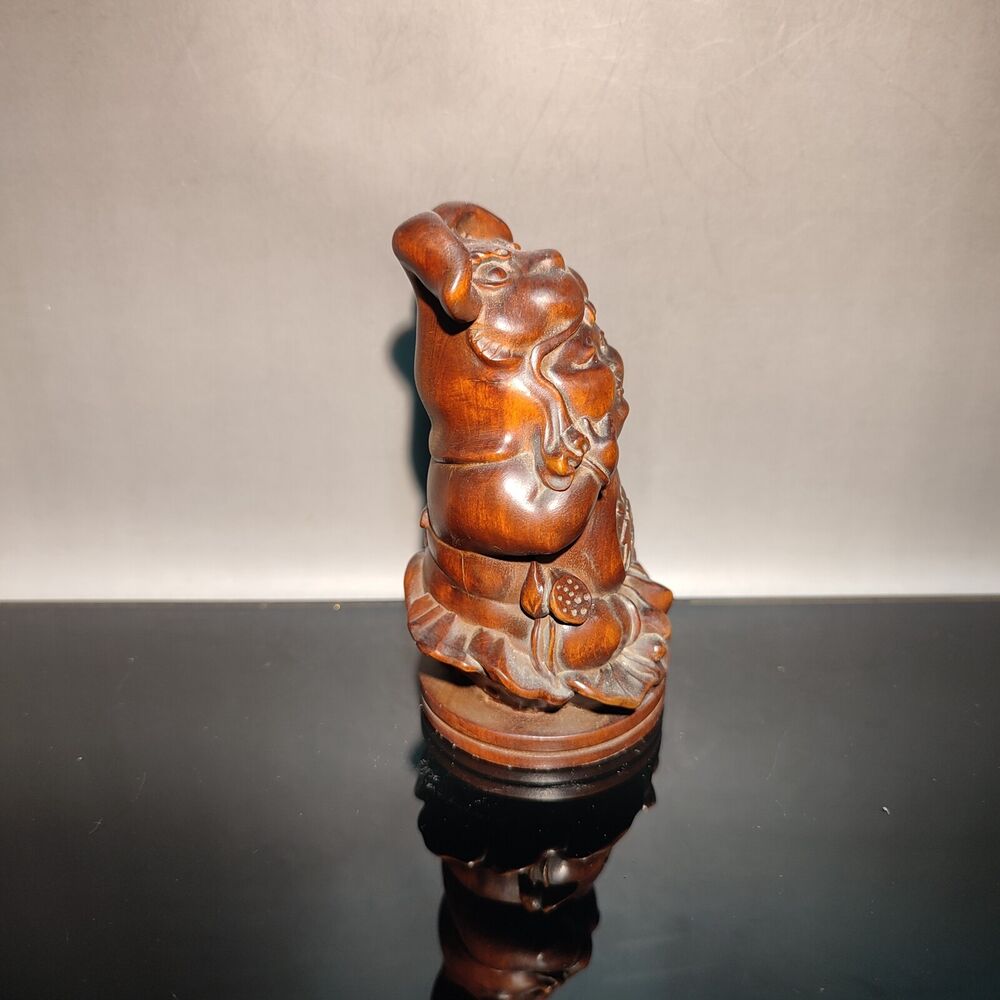 Chinese Natural Boxwood Rabbit Wealth Money Wooden Statue Decorative Sculpture