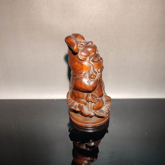 Chinese Natural Boxwood Rabbit Wealth Money Wooden Statue Decorative Sculpture