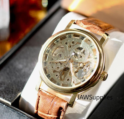 Men's Watches Skeleton Mechanical Hand Wind Watch Leather Strap Fathers Gift Son