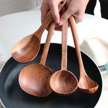 Handmade Wooden Soup Ladle Set Kitchen Spoon Set Utensils Natural Teak 4 Pieces