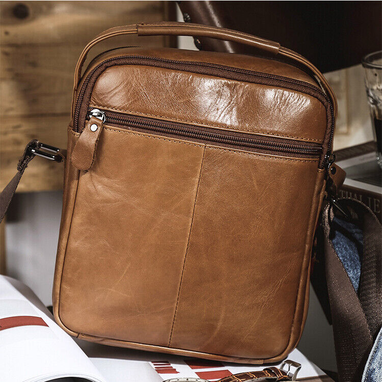 Crazy Horse Leather Men's Sling Shoulder Bag Double Zipper Multifunction Handbag
