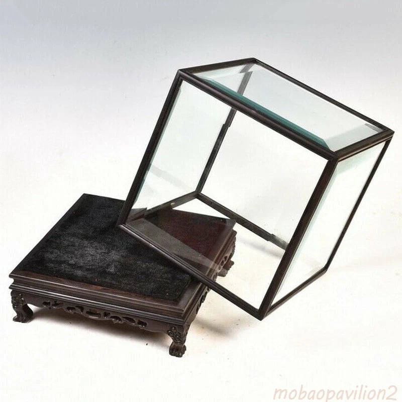 Ebony Wood Trim Display Base Glass Cover Jewellery Doll Box Home Antique Decor