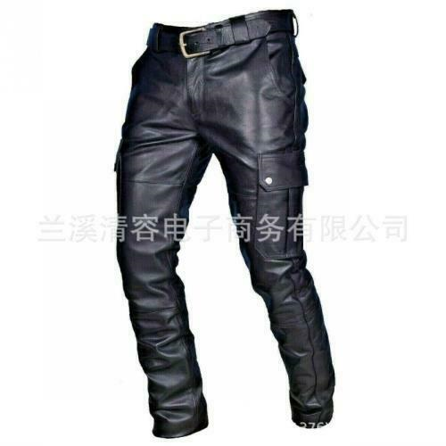 Mens Biker Motorcycle Leather Pants Pockets Straight Leg Windproof PU Trousers L