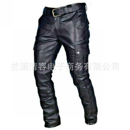 Mens Biker Motorcycle Leather Pants Pockets Straight Leg Windproof PU Trousers L