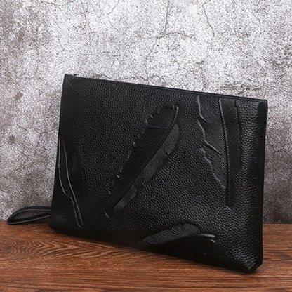 100% Genuine Leather Men Black Wallet Clutch Leaves Embossed Zipper Envelope Bag