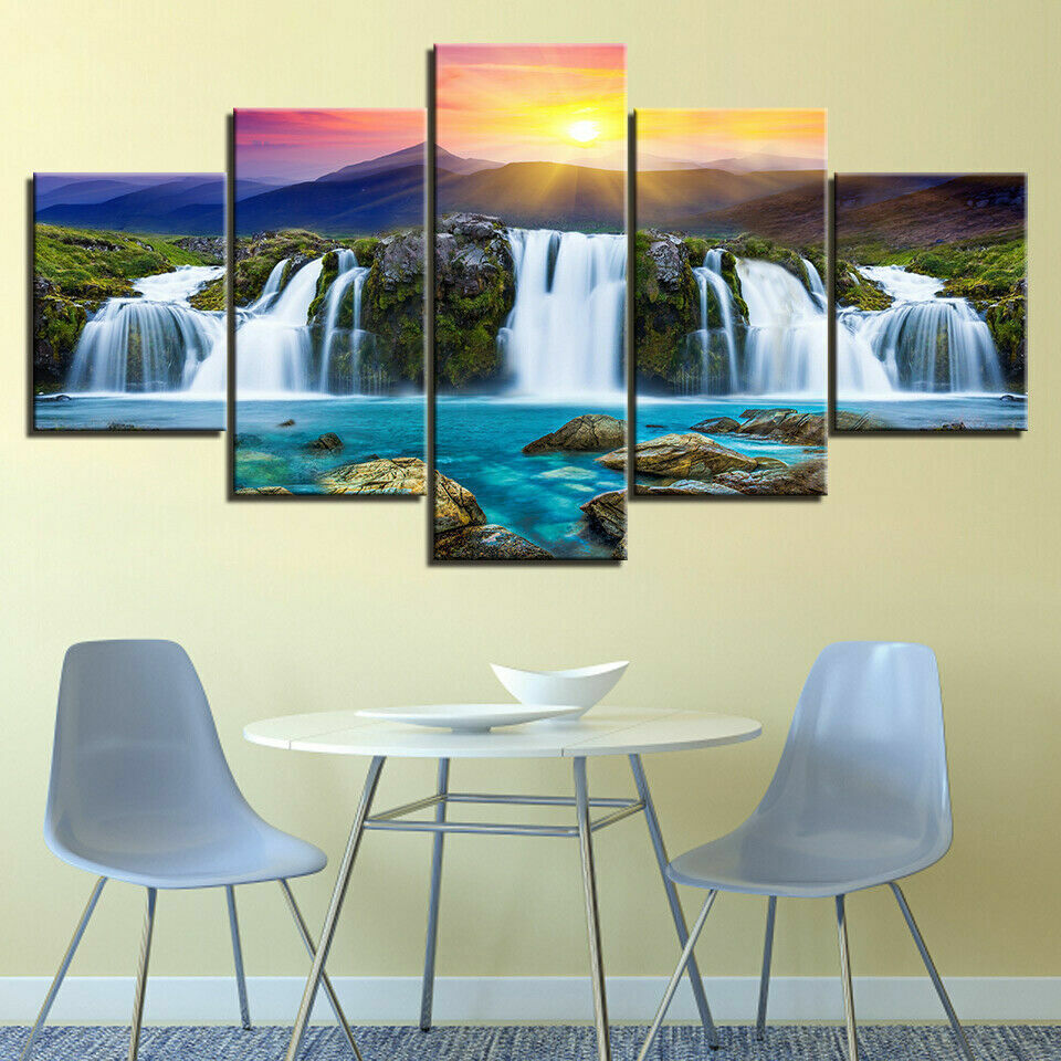 Mountain Waterfall in Sunshine Canvas Prints Painting Wall Art Decor Picture 5PC
