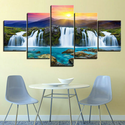 Mountain Waterfall in Sunshine Canvas Prints Painting Wall Art Decor Picture 5PC