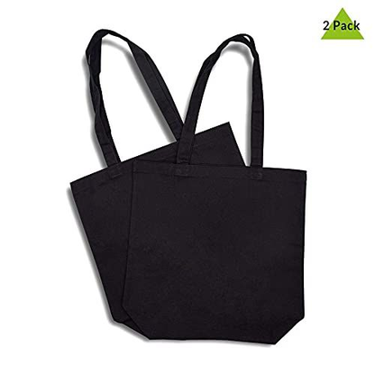 Canvas Tote Bags - 2 Pack Black Cotton Shopping with 16x16x5,