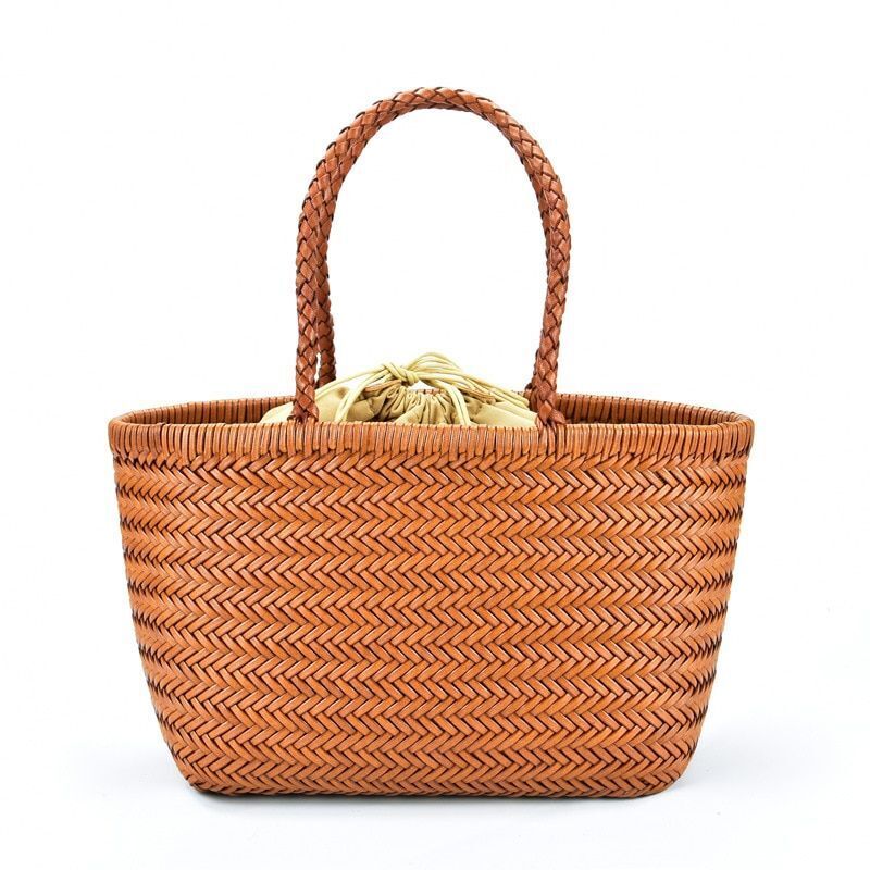 Genuine Leather Woven Shoulder Bag Casual Shopping Bag Vintage Tote Purse Brown
