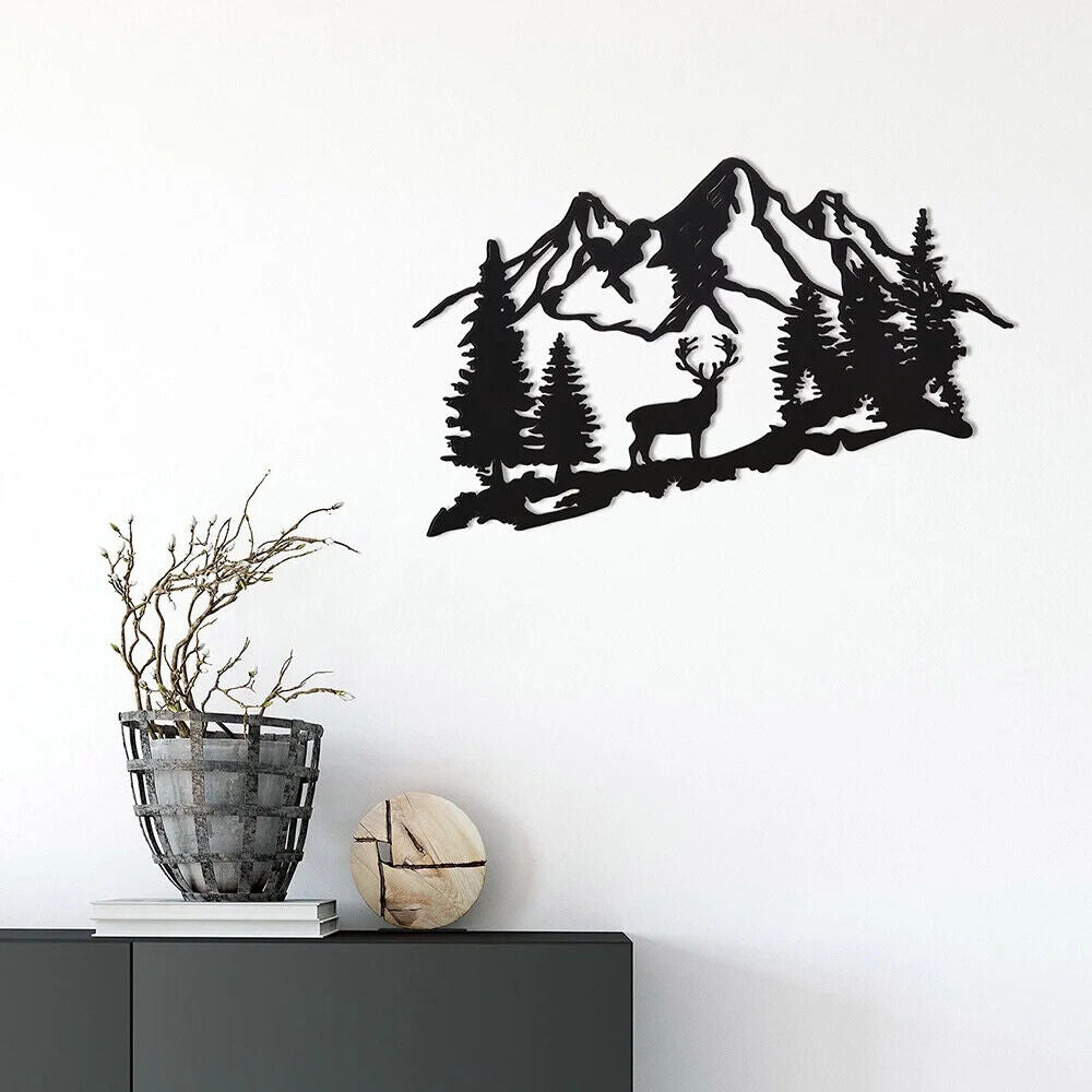 1pc Modern Black Deer & Tree Metal Wall Decor - Animal Mountain Plaque Signs