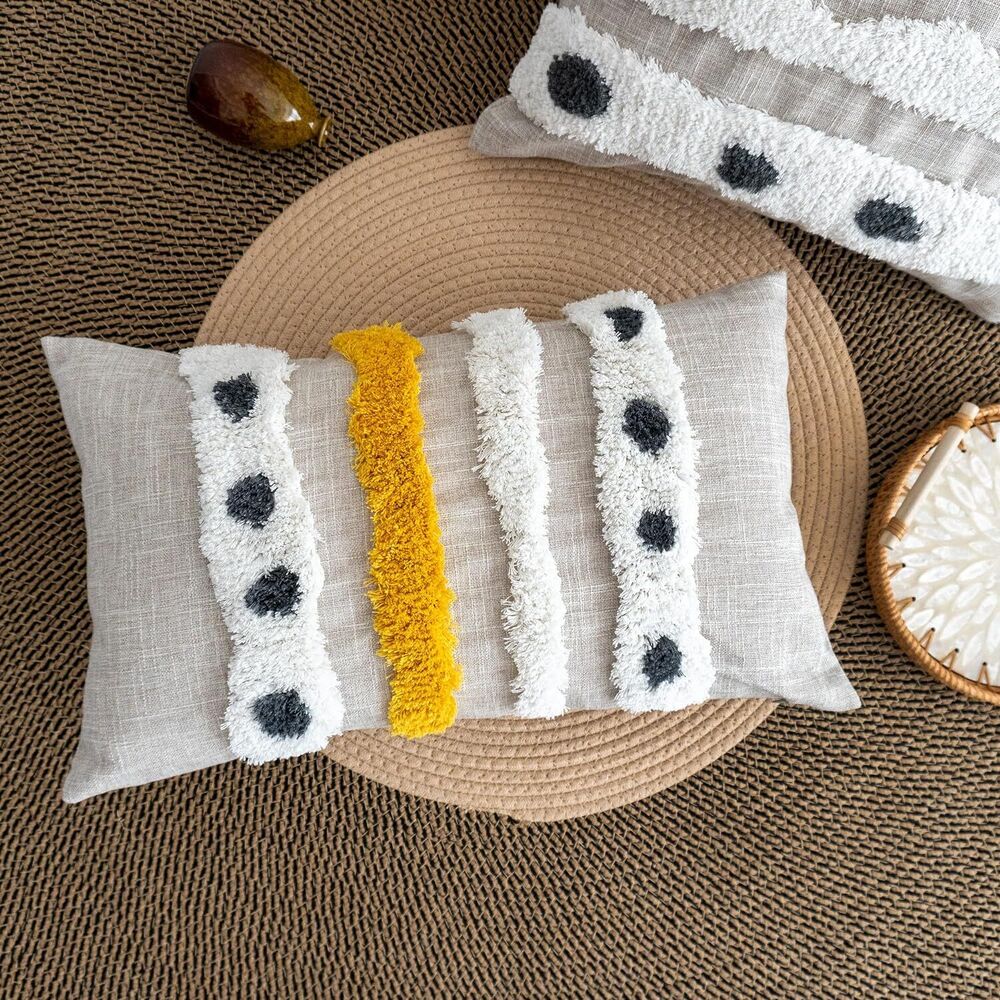 Boho Tufted Lumbar Throw Pillow Cover with Handwoven Stripes Cotton Cushion