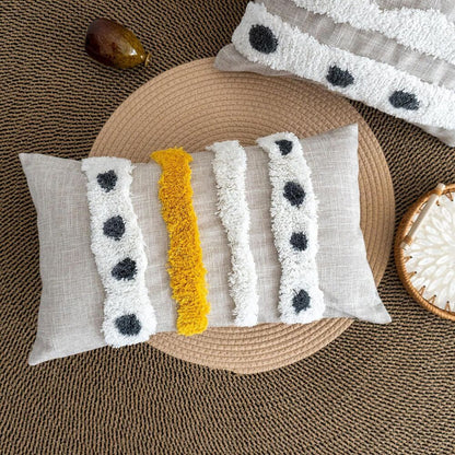 Boho Tufted Lumbar Throw Pillow Cover with Handwoven Stripes Cotton Cushion
