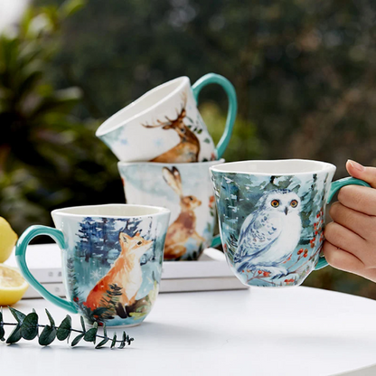Handpainted Ceramic Tea Mug, Deer Cup, Owl Mug, Fox Mug