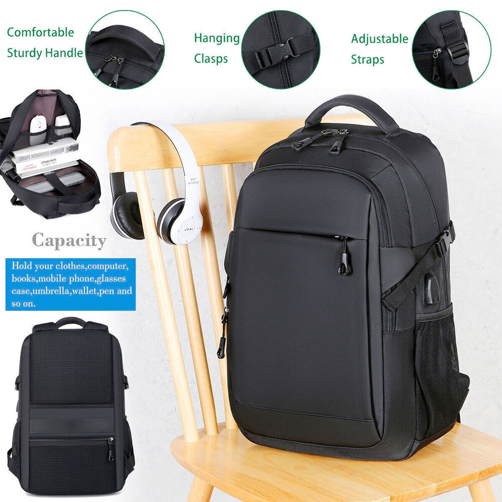 Men Women 15.6'' Backpack Bookbag School Travel Laptop Zip Bag USB Charging Port
