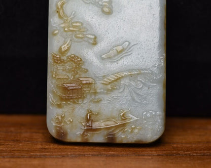 Chinese Natural Hetian Jade Carved Landscape Statues Exquisite Pendant Jewelry