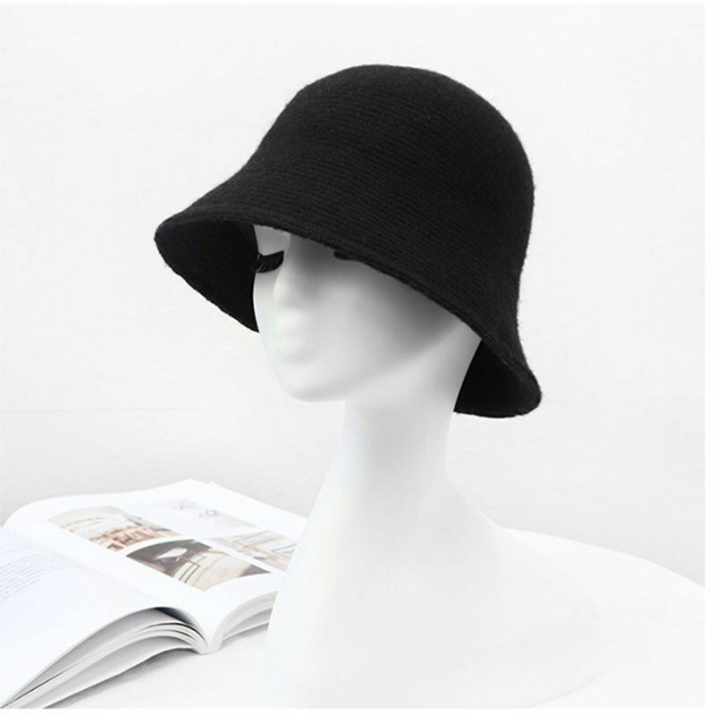Women's Bucket Hat Warm Winter Teens Felt Wool Fur Black Cap Solid Multifunction