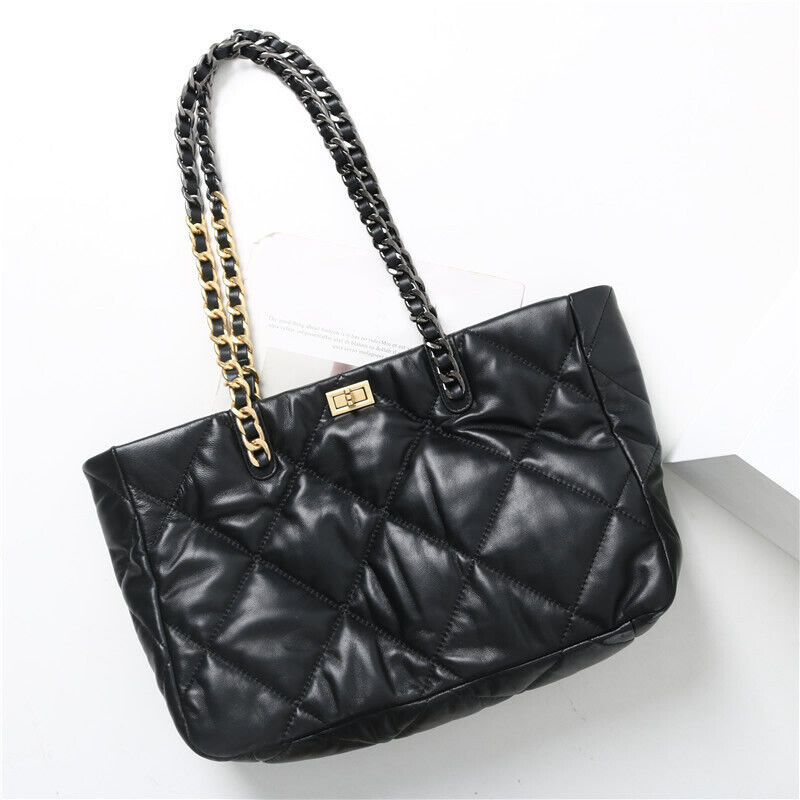 Quilted Lambskin Leather Black Tote w/ Chains Shoulder Bag Purse Handbag Fashion