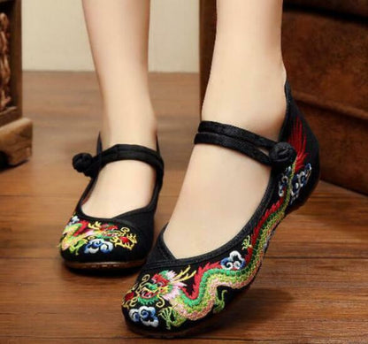 Retro Ethnic Women Embroidered Dragon Slipper Loafer Mary Janes Flat Shoes New