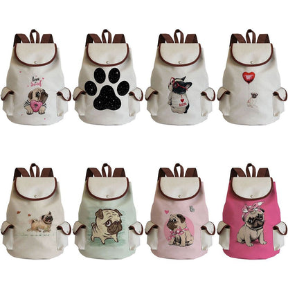Dog Paw Print Backpack Drawstring Bags Linen Students Portable Cute Pug Printed