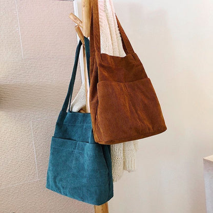 Corduroy Tote Bag Carry Shoulder Bag Retro Handbag Inner Pocket Travel Shopping