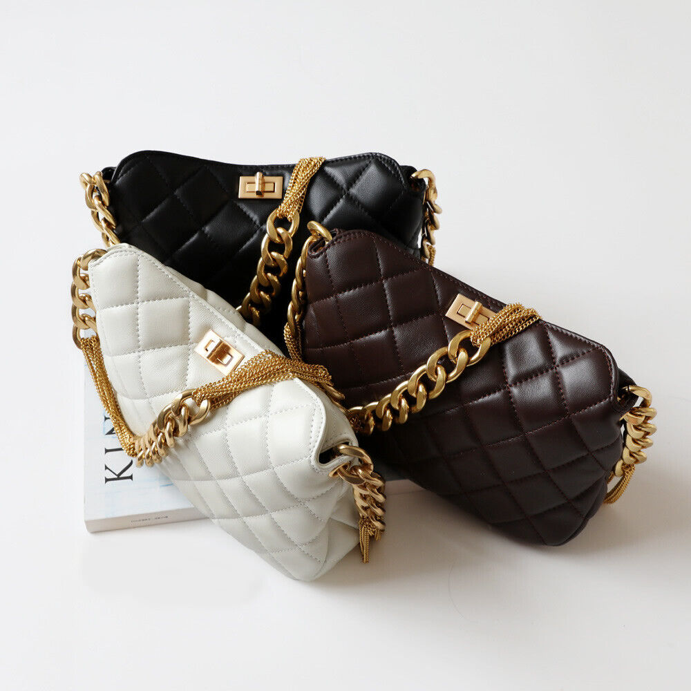 Small Quilted Sheepskin Leather Shoulder Bag Clutch Purse w/ Chain Strap Fashion