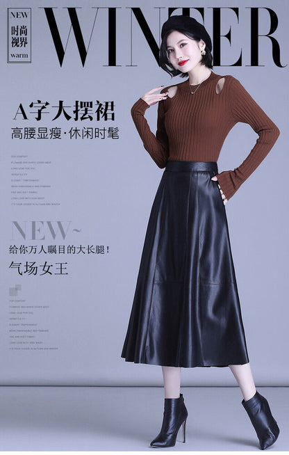 Leather Skirt Women's Skirt Medium Long Pleated Skirt High Waist Sheepskin Skirt