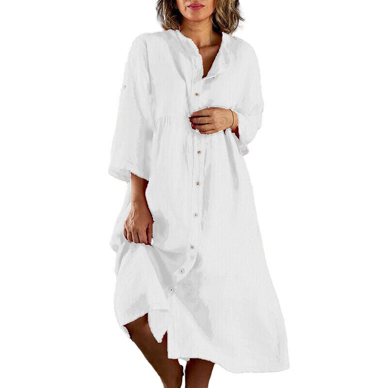Womens Cotton Linen Shirt Dress Loose Button Up Casual Baggy Long Tops Tunic