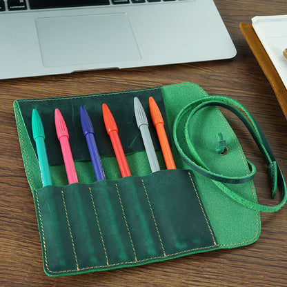 Handmade Cowhide Leather Pen Pouch Vintage Roll-up Pencil Case Bag Pen Curtain